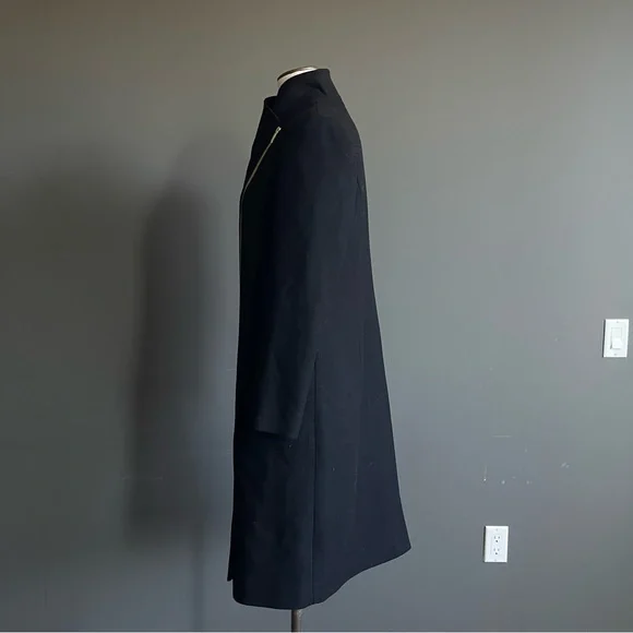 Cole Haan Wool Asymmetric Zip Coat | Minimalist Black Long Coat | Size 4 - Picture 5 of 12